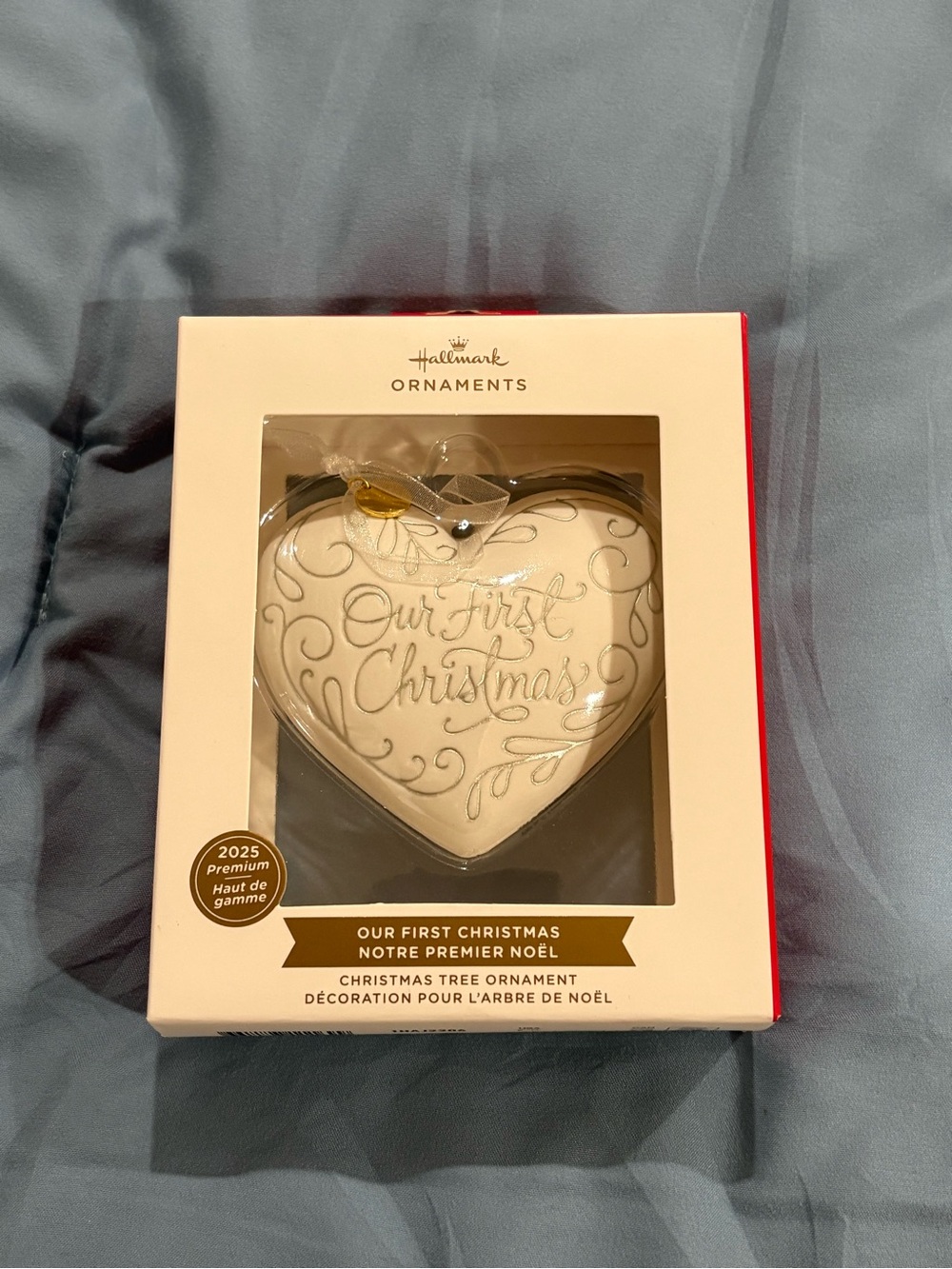 NWT Hallmark White Heart "Our First Christmas" Ornament with Silver Script